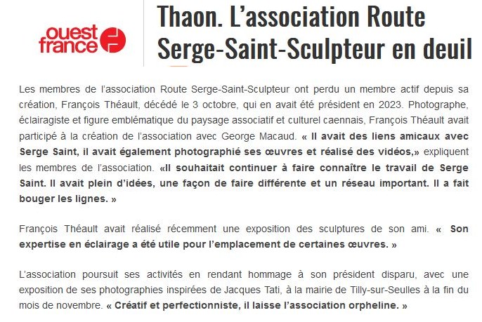 L’association Route Serge Saint Sculpteur est en deuil